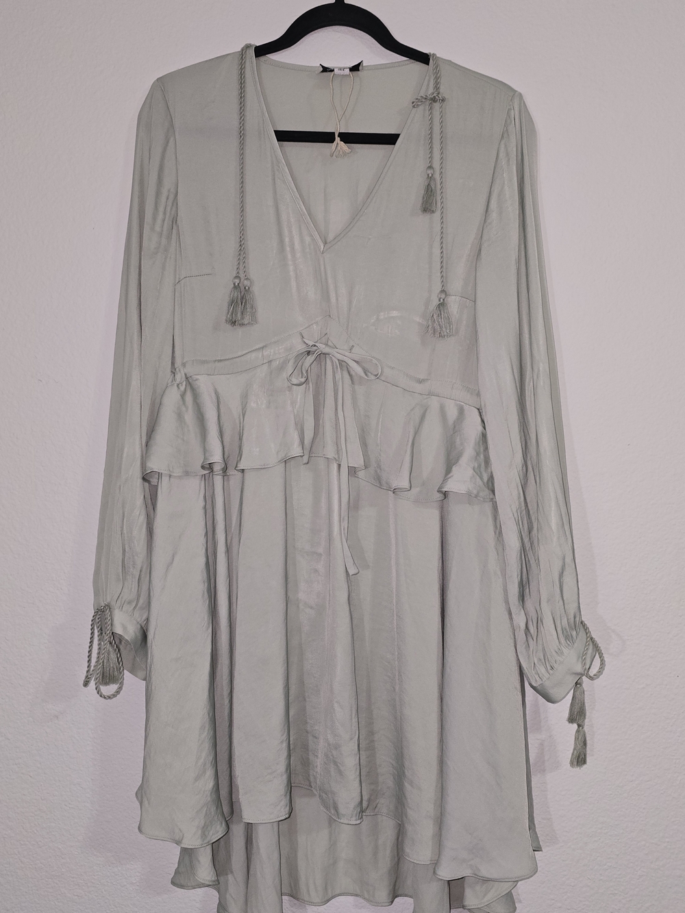 Long Sleeve Light Sage V-Neck Ruffle Tie-Waist Dress